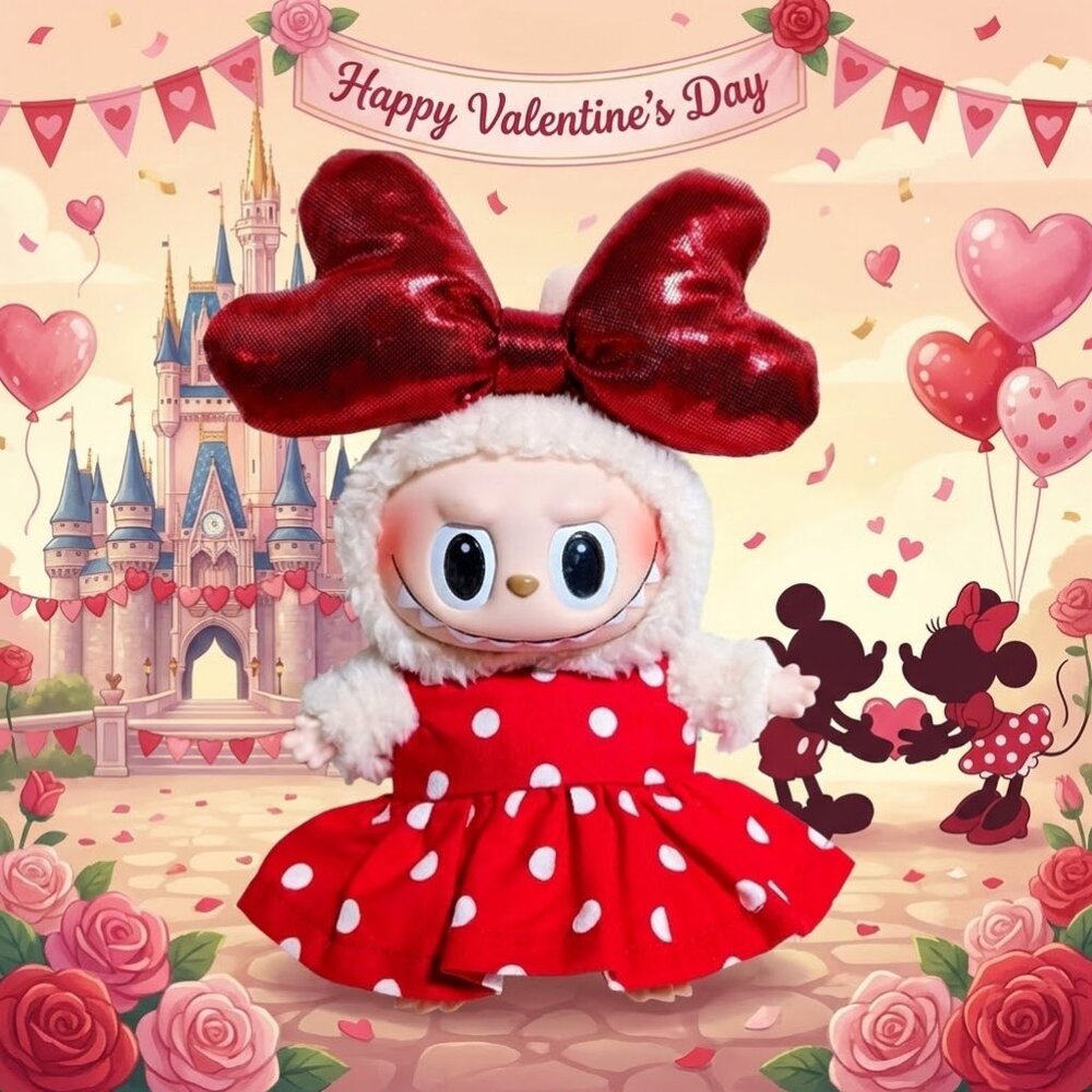 Custom Labubu Minnie Mouse Polka Dot Dress With Valentines Heart Bow